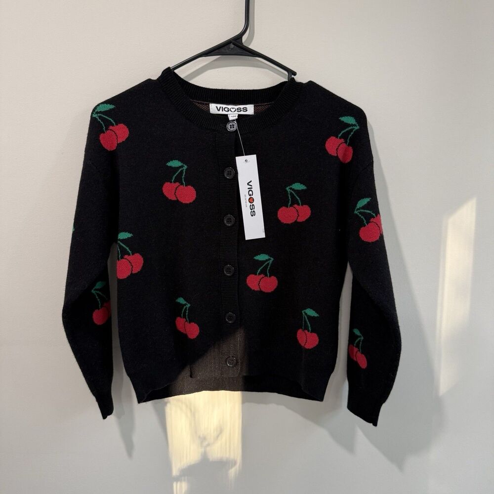 Vigoss Girl’s Soft Cherry Button Knit Cardigan Sweater 14 L School Fruit NWT